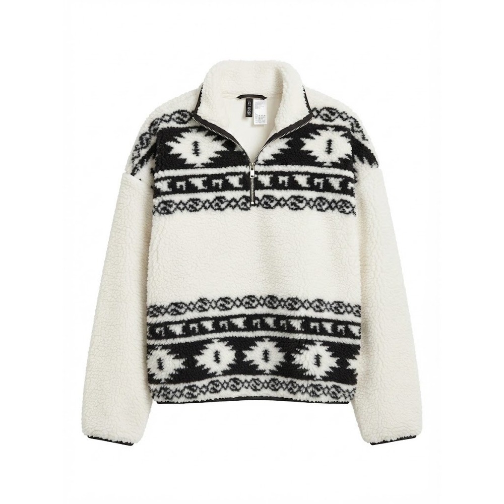 H&M Sherpa Fleece Womens M White Aztec Print Quarter Zip Pullover Southwestern